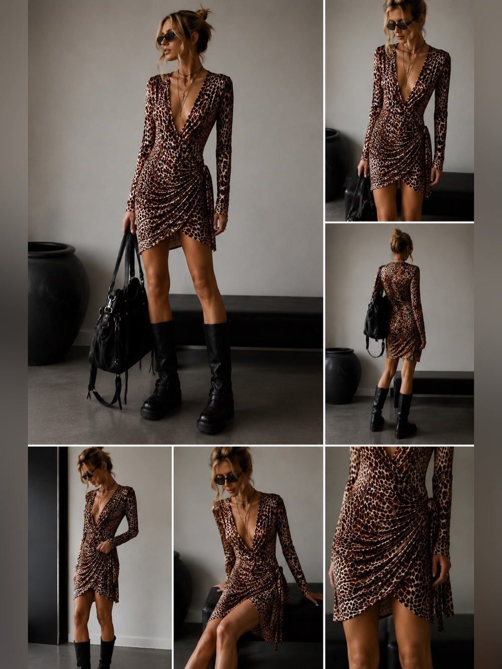 Valentino Leopard Print Silk Wrap Dress Ruched Long Sleeve Mini Party Dress